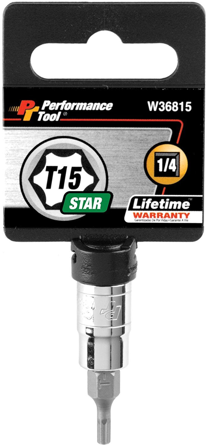 W36815 Performance Tool 1/4-Inch Drive T15 Star Bit Socket - Recessed Edges, Chrome Vanadium, Polished Nickel