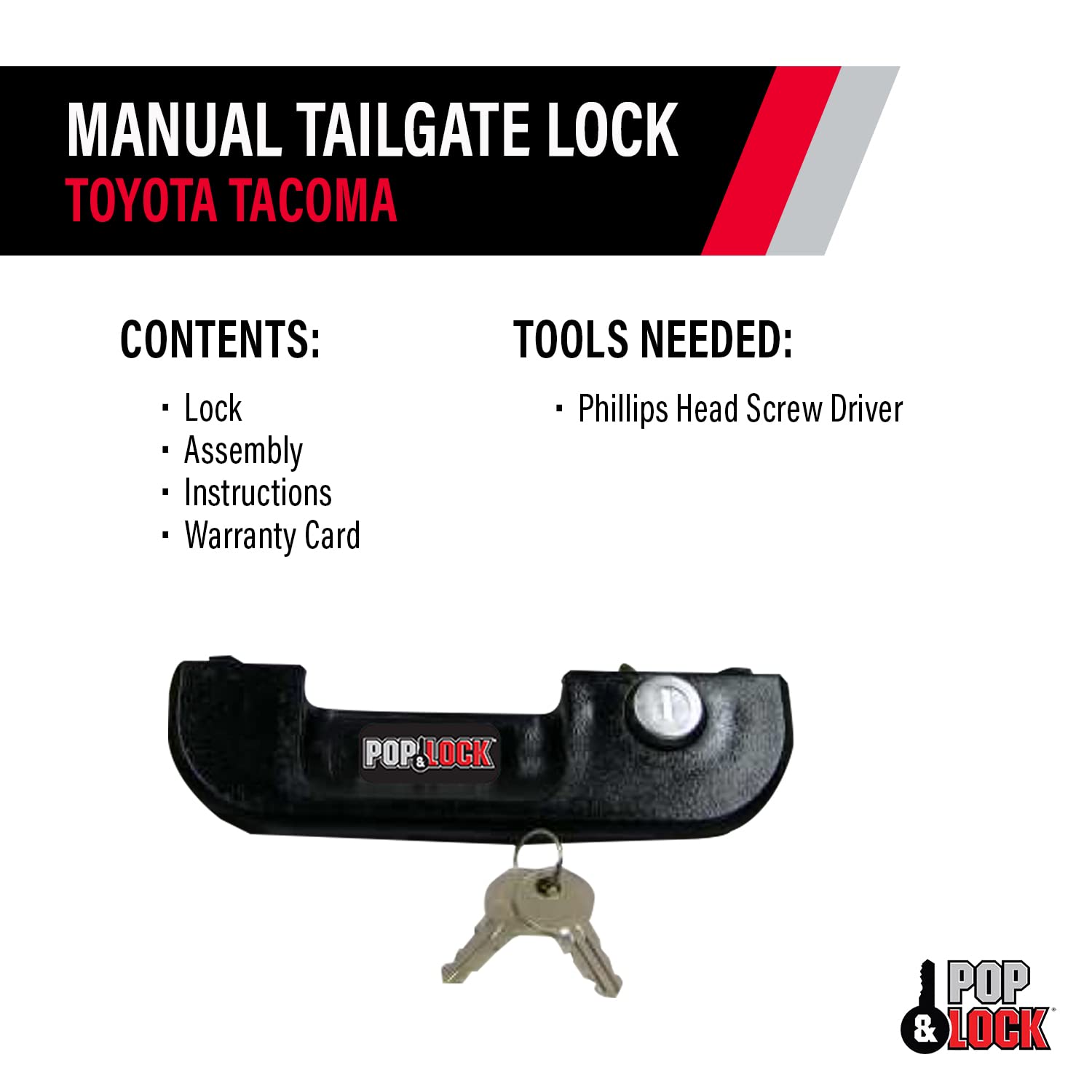 Manual Tailgate Lock – Pop & Lock for Toyota Tacoma, Fits 1995 to 2004 Models (Color Black, PL5100, Standard Lock)