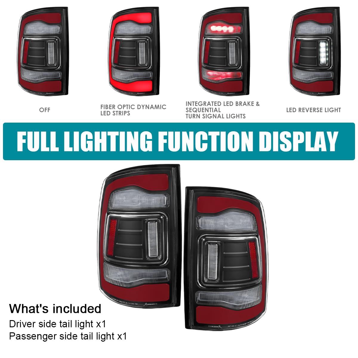 Black SPEC-D TUNING Sequential Tail Lights w/Red LED Strip and Startup Animation Compatible with 2013-2018 Ram 1500 2500 3500, Left + Right Pair Assembly