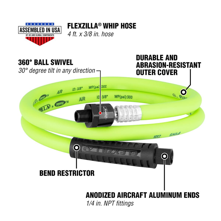 Swivel Whip Air Hose Flexzilla, 3/8 in. x 4 ft. (1/4" MNPT Ball Swivel x 1/4" FNPT Ends), Heavy Duty, Lightweight, Hybrid, ZillaGreen - HFZ3804YW2B