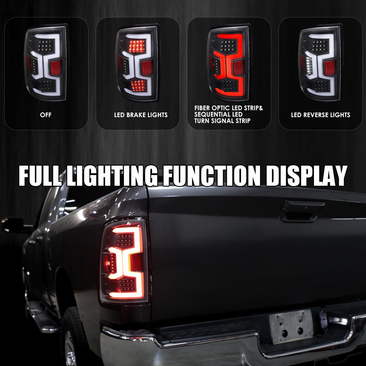 Black Tail Lights SPEC-D TUNING w/Fiber Optic Sequential LED Turn Signal Lights Compatible with 2019-2024 Dodge Ram 2500/3500