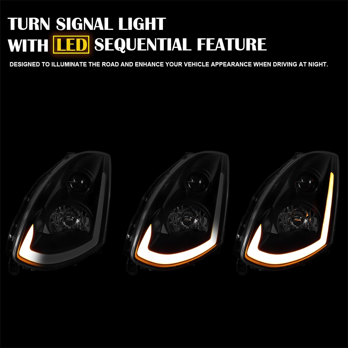 Black Smoke SPEC-D TUNING Projector Headlights w/Sequential LED Strip Compatible with 2003-2007 Infiniti G35 Coupe, Left + Right Pair Headlamps Assembly