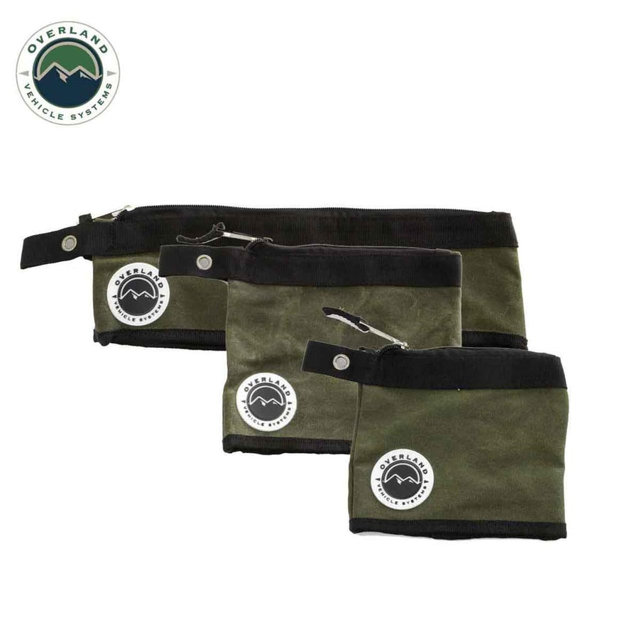 Overland Vehicle Systems 3-Bag Set of Small/Medium Size Storage Bags - #12 Waxed Canvas - Infused with Paraffin Wax Waterproofing - Universal for, Tools, Automotive, Fishing, Hunting and More!
