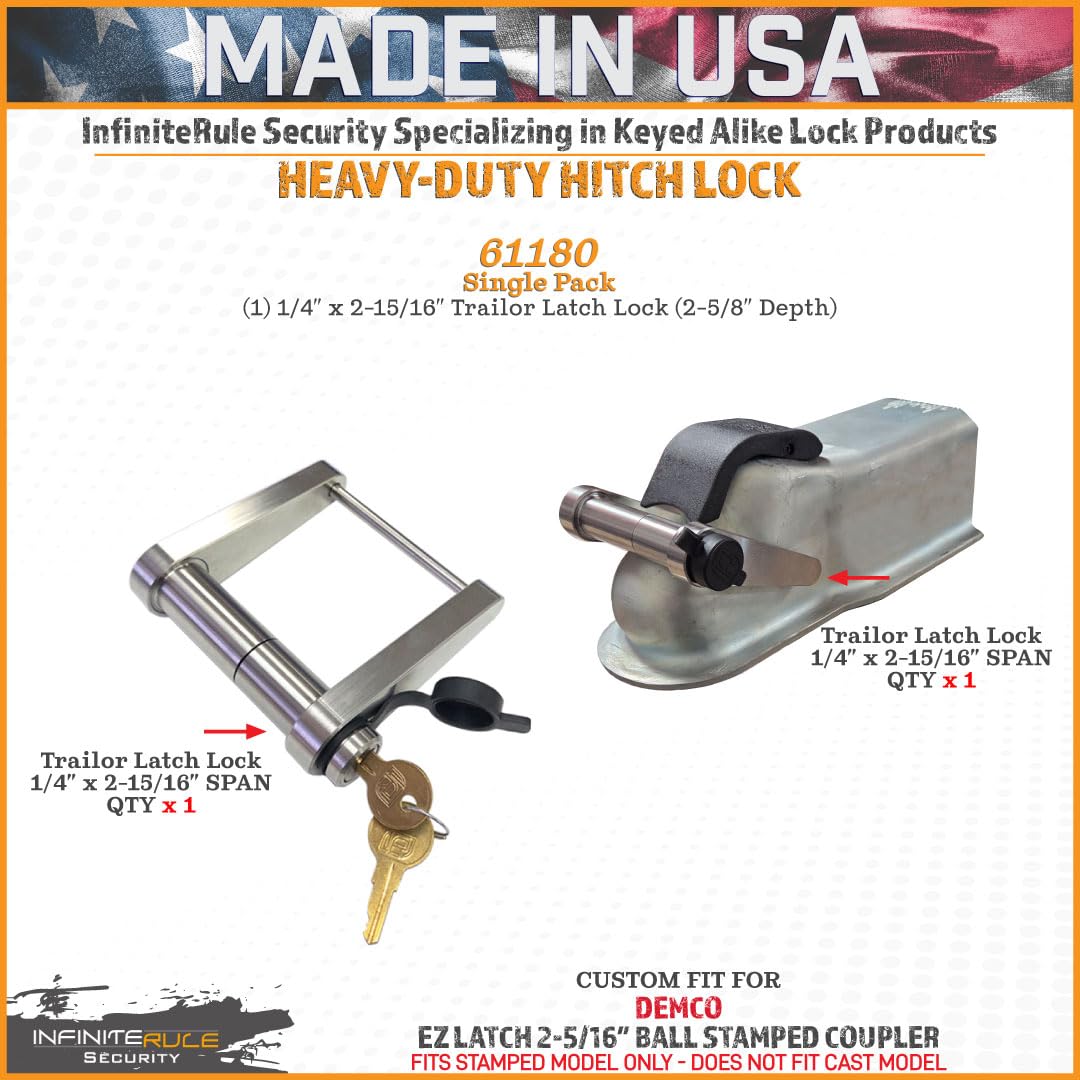 Security InfiniteRule 61180 | Trailer Latch Lock for DEMCO EZ Latch 2-5/16″ Ball Stamped Coupler - Does NOT FIT Cast Model