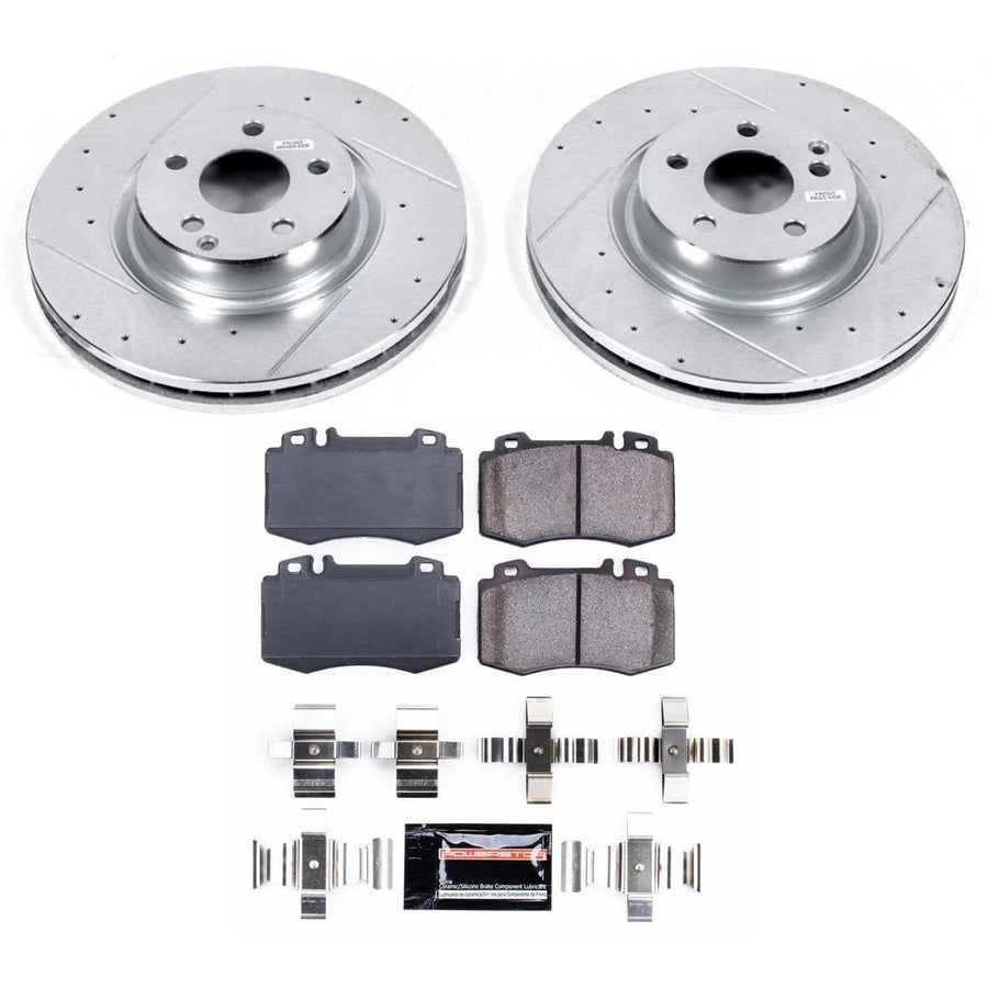 Power Stop K6597 Z23 Carbon Fiber Brake Pads with Drilled & Slotted Brake Rotors Kit For Mercedes-Benz CLS500 2006 [Model Specific]
