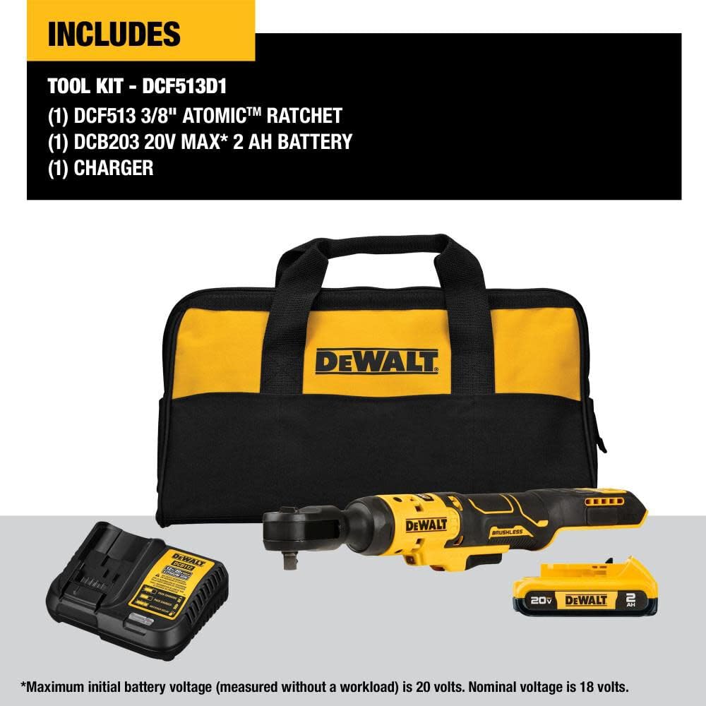 DEWALT 20V MAX Ratchet Set, 70 lbs of Torque, 3/8 inch, Battery and Storage Bag Included (DCF513D1)