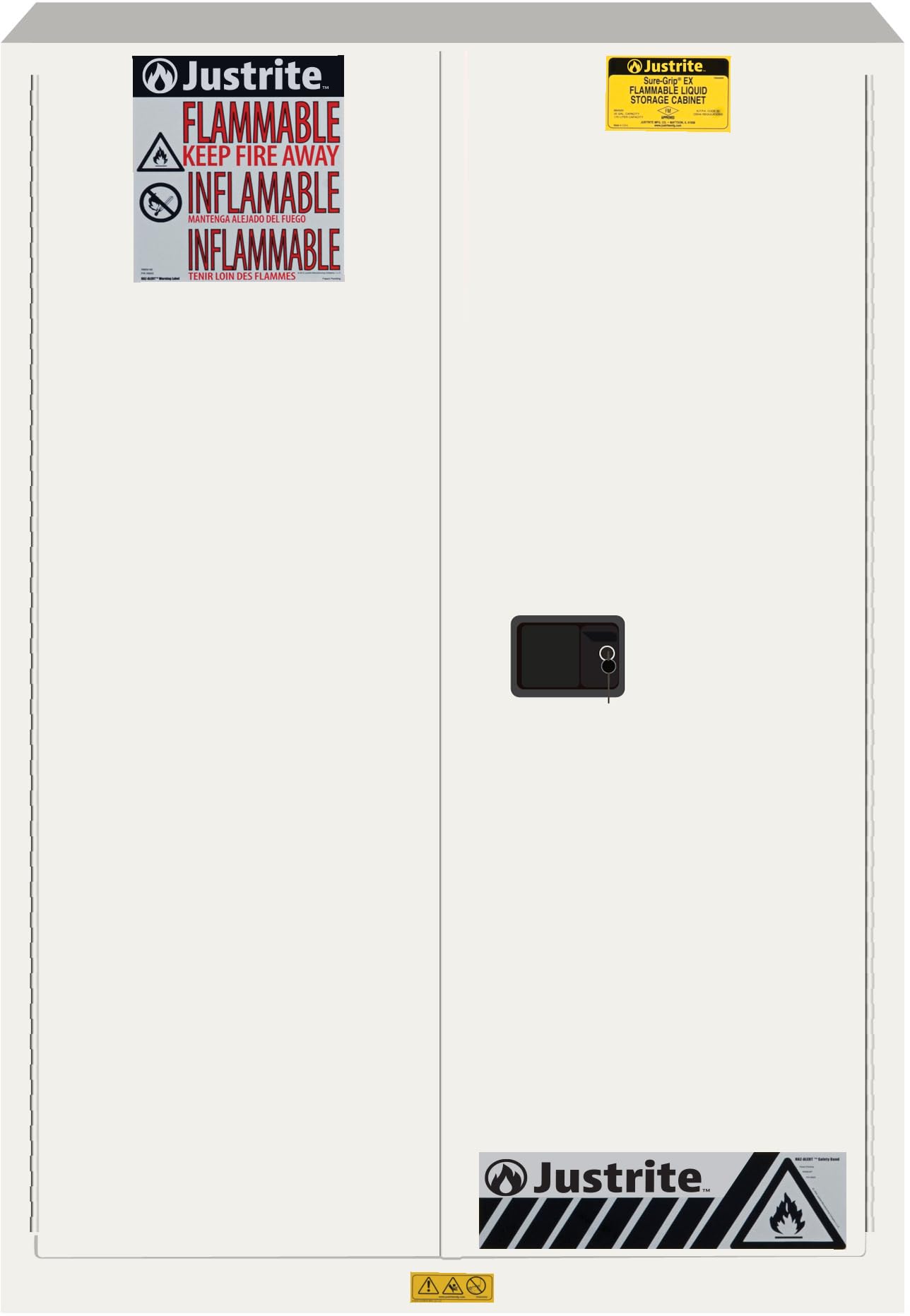 Justrite 45 Gallon Flammable Storage Cabinet Manual Close, 18 Gauge Steel, 2 Shelves, 2 Door Fire Cabinet, 65" x 43" x 18", Made in The USA, White, 894505