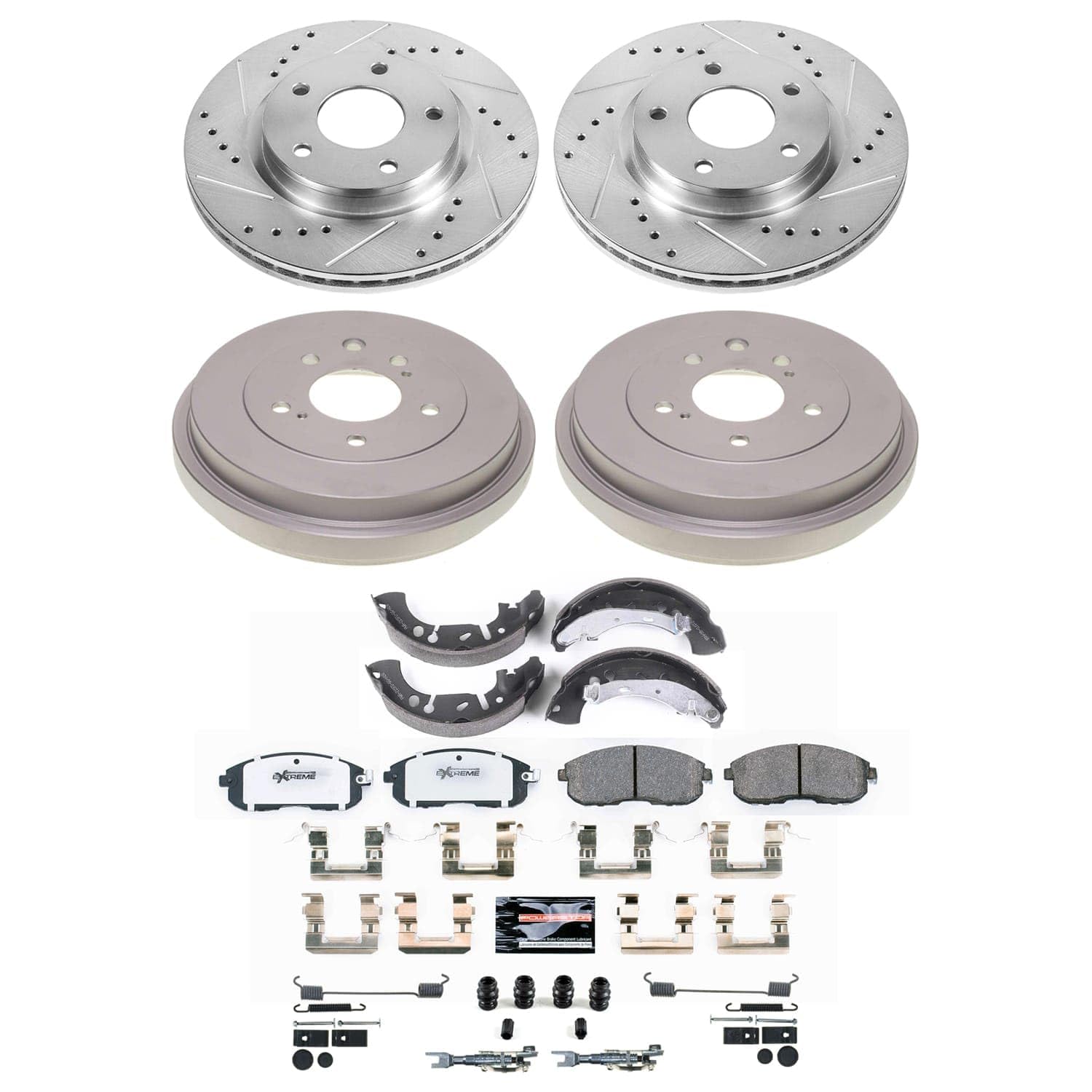 POWERSTOP Z26 Carbon-Fiber Ceramic Brake Pads Front and Rear, Drilled Slotted Rotors Brake Kit with Brake Shoes and Drums For Nissan Sentra 2013-2019 [Vehicle Specific]