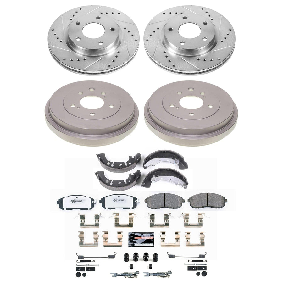 POWERSTOP Z26 Carbon-Fiber Ceramic Brake Pads Front and Rear, Drilled Slotted Rotors Brake Kit with Brake Shoes and Drums For Nissan Sentra 2013-2019 [Vehicle Specific]
