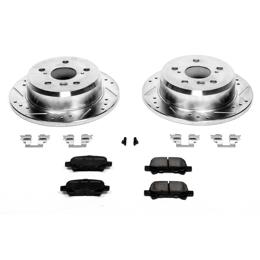 Power Stop K2417 Rear Brake Pads Z23 Carbon Fiber with Drilled and Slotted Brake Rotors Kit For Toyota Avalon Camry Solora [Application Specific Models Assembled in USA]