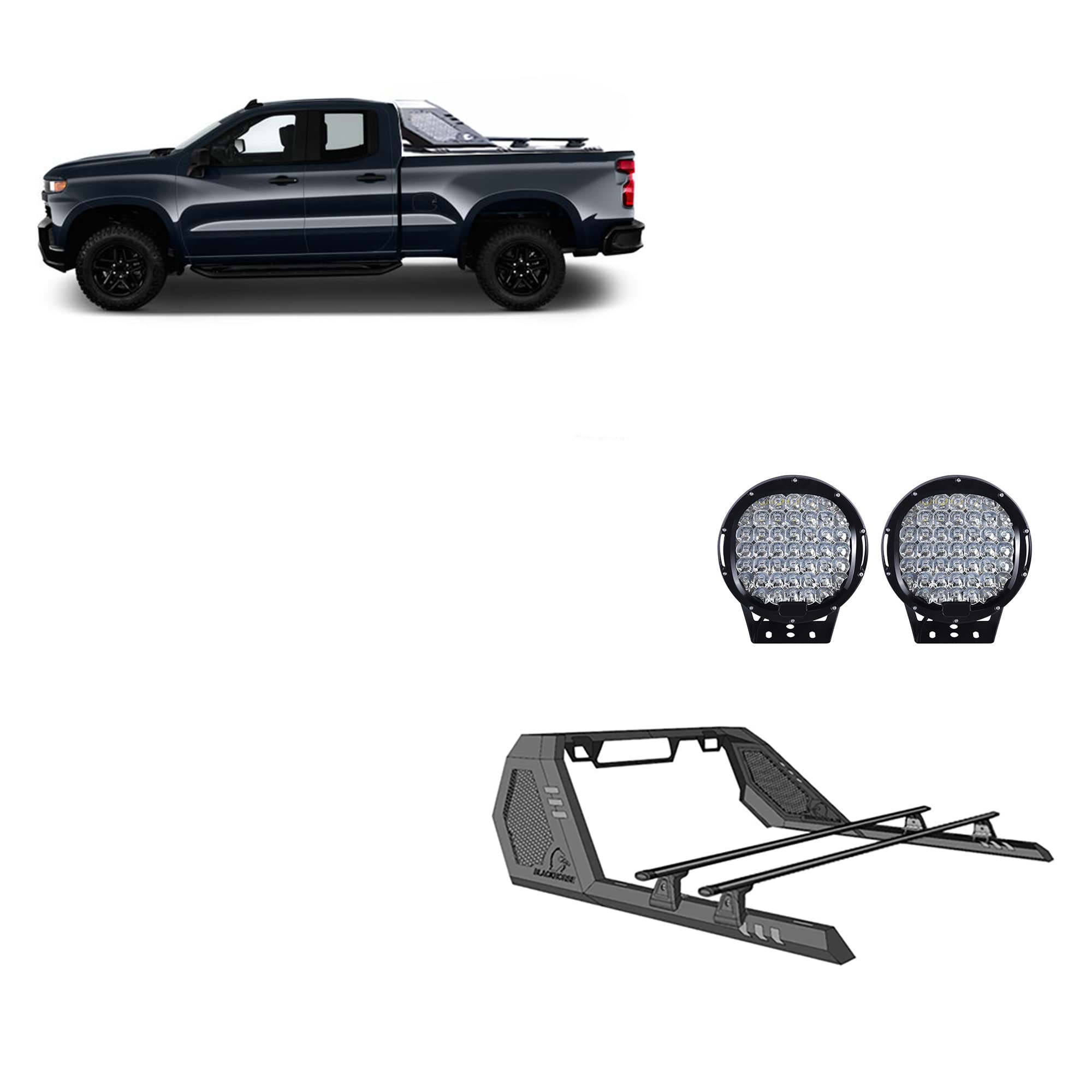 Vigor Roll Bar Black W/Cross Bar w/Set of 9 Black Round LED Light Modular Black Compatible with 09-25 Ram 1500|15-22 GMC Sierra 1500/Chevrolet Silverado 1500|04-22 Ford F-150-VRCB7002B-PL69B