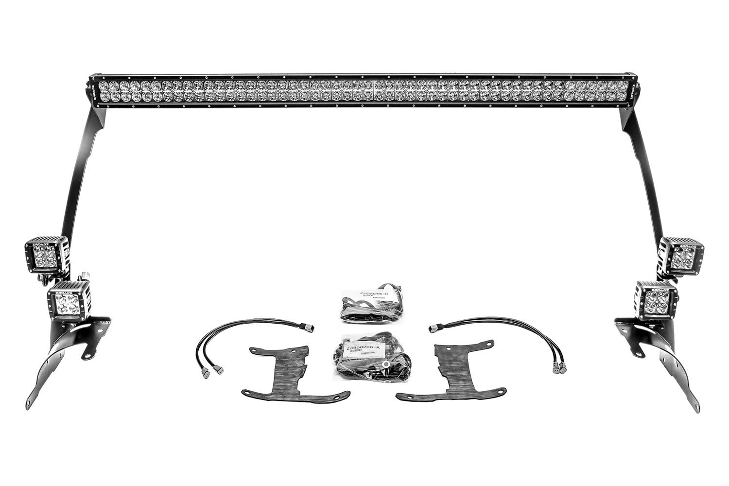Front Roof Jeep JL, Gladiator LED Bracket to mount (1) 50 or 52 Inch Straight LED Light Bar and (4) 3 Inch LED Pod Lights - PN #Z374831-BK4