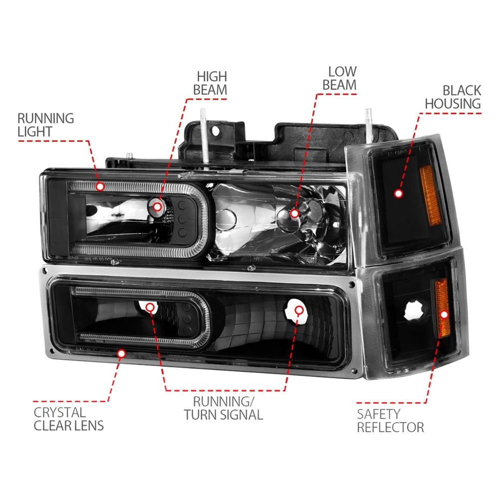 88-98 Chevrolet C1500 ANZO Crystal Headlights w/Light Bar Black Housing w/Signal Side Markers 8Pcs