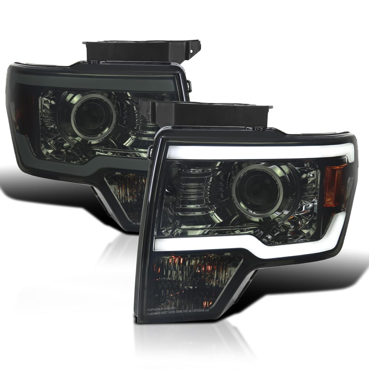 Projector Headlights Spec-D Tuning Glossy Black Smoke w/LED Strips Compatible with 2009-2014 Ford F-150, Left + Right Pair Headlamps Assembly