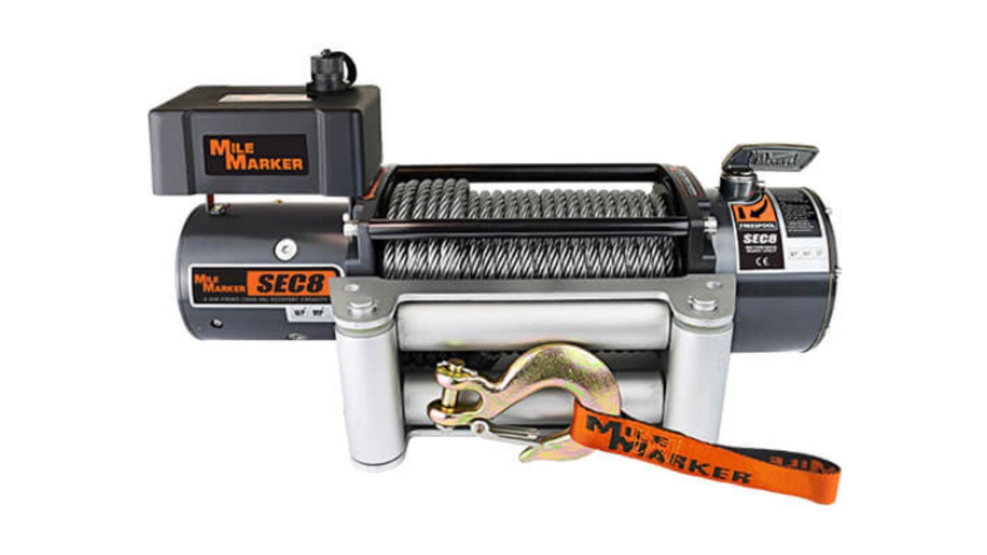 Winch Mile Marker 77-50141W Sec 8 8000 lb Pulling Power - Waterproof, 100’ of Steel Cable, 4.9 HP Series Wound Motor, Handheld Remote Control