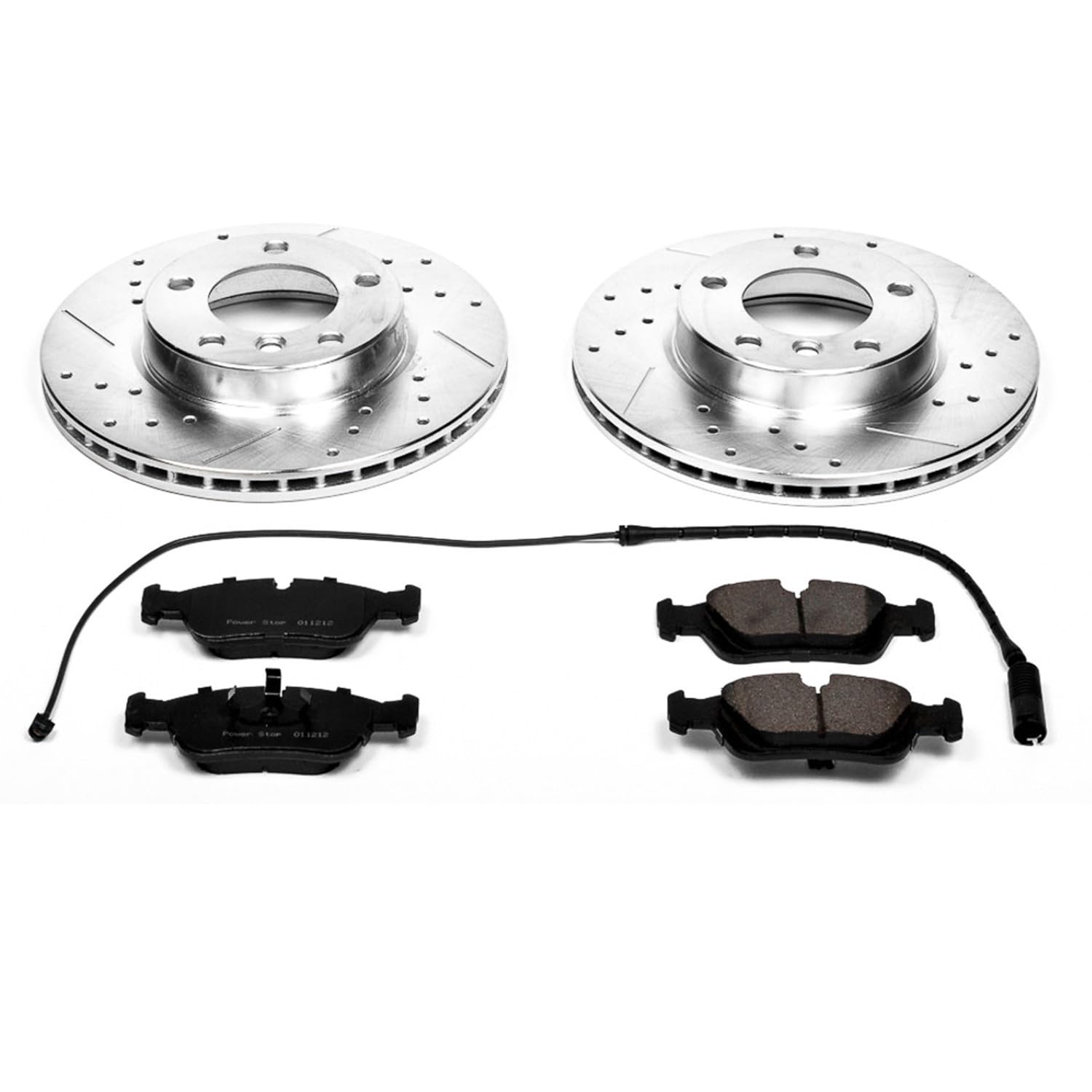 Power Stop K496 Z23 Carbon Fiber Brake Pads Front with Drilled & Slotted Brake Rotors Kit and 1 Front Sensor Wire For BMW 318i, 318is, 323i, 323is, 325i, 325is, 328i, 328is, Z3 [Model Specific]