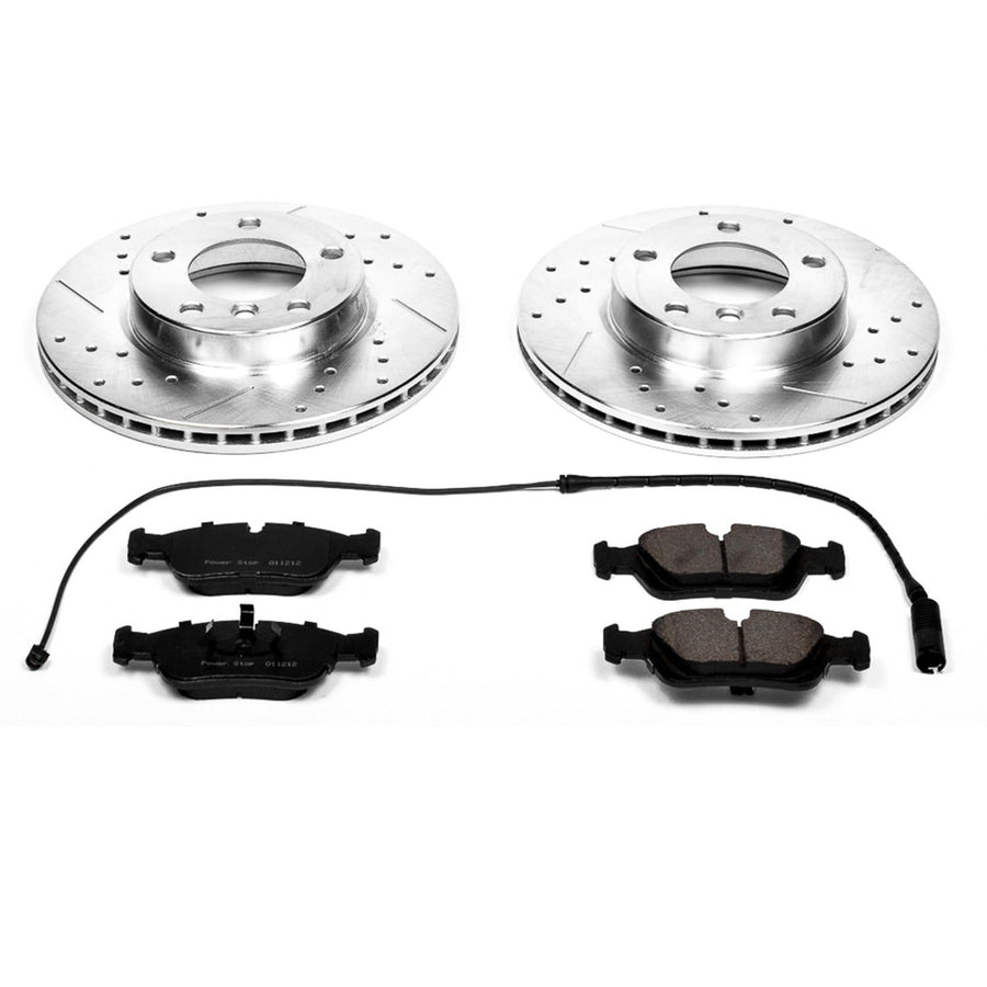 Power Stop K496 Z23 Carbon Fiber Brake Pads Front with Drilled & Slotted Brake Rotors Kit and 1 Front Sensor Wire For BMW 318i, 318is, 323i, 323is, 325i, 325is, 328i, 328is, Z3 [Model Specific]