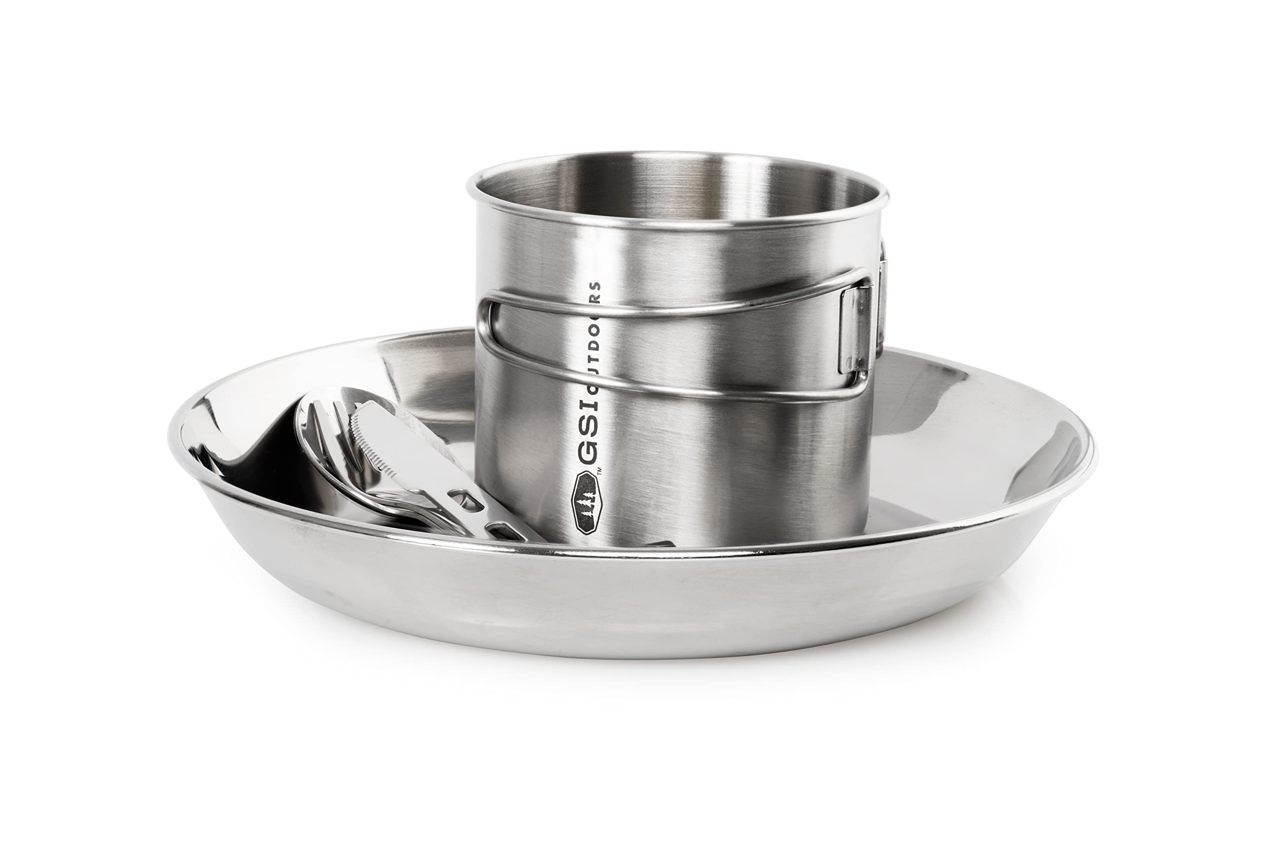 GSI Outdoors 1 Person Glacier Stainless Set | 20 oz Bottle Cup | 8.5 in Plate | 3 pc Cutlery