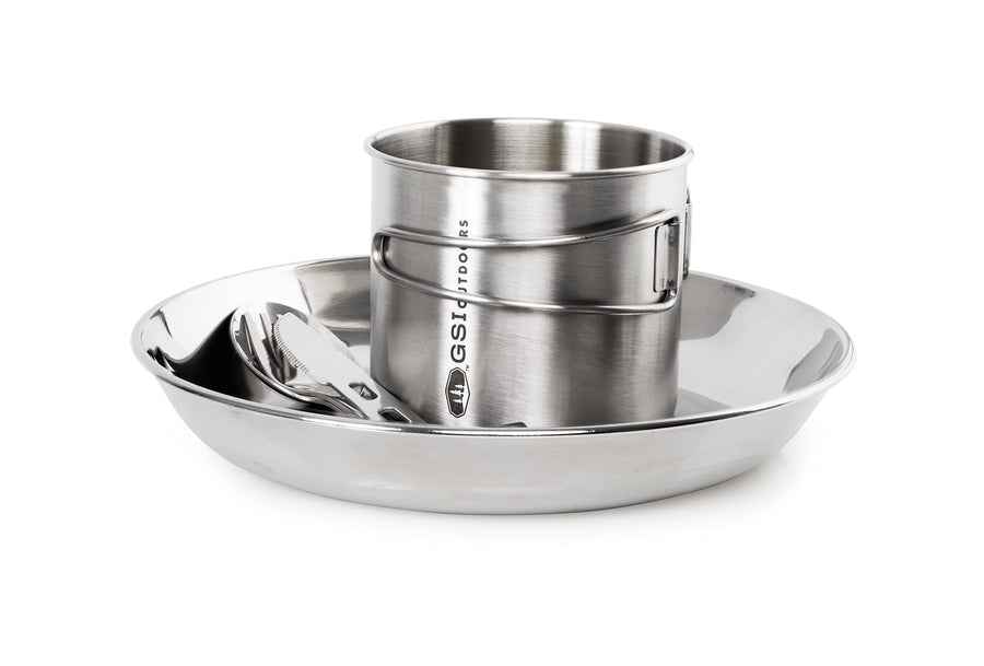 GSI Outdoors 1 Person Glacier Stainless Set | 20 oz Bottle Cup | 8.5 in Plate | 3 pc Cutlery