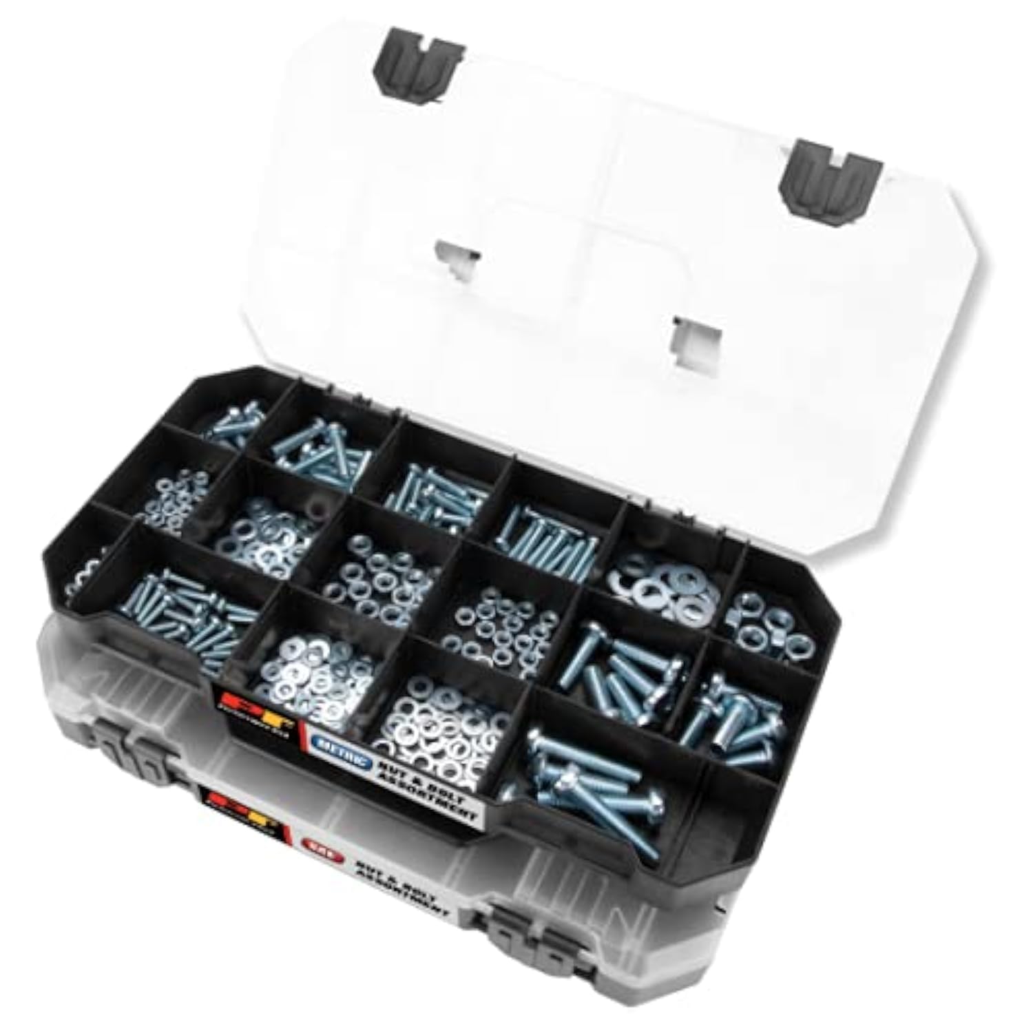W5264 Performance Tool 740pc Hardware Assortment Kit with SEA & Metric Nuts, Bolts & Washers, Stacking Interlocking Clear Lid Bins for Maximum Portability, Black