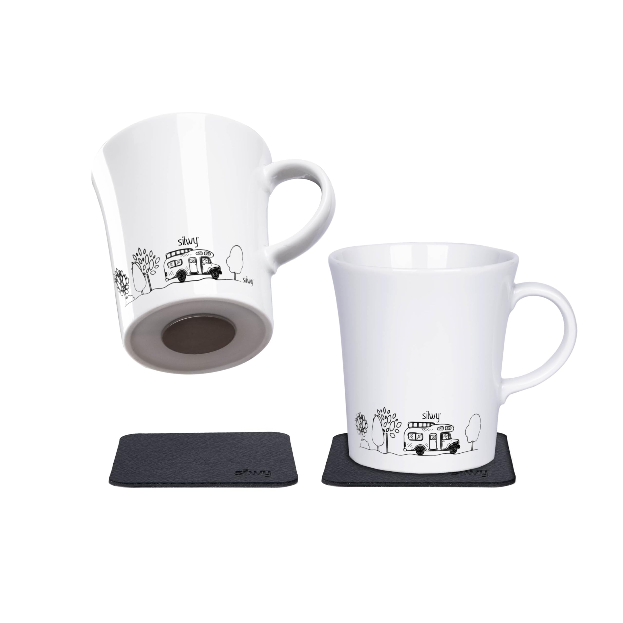 Porcelain Magnetic Handle Cups silwy Einfach Anziehend. Camping (Set of 2) Includes Two Metal Nano Gel Pads Black - Non-Slip Camping and Caravanning Cups, Boat and Yacht Accessories