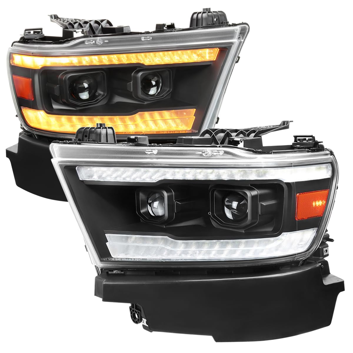 Black SPEC-D TUNING Projector Headlights w/Sequential LED Tube Signal and Startup Animation Compatible with 2019-2024 Ram 1500, Left + Right Pair Headlamps Assembly