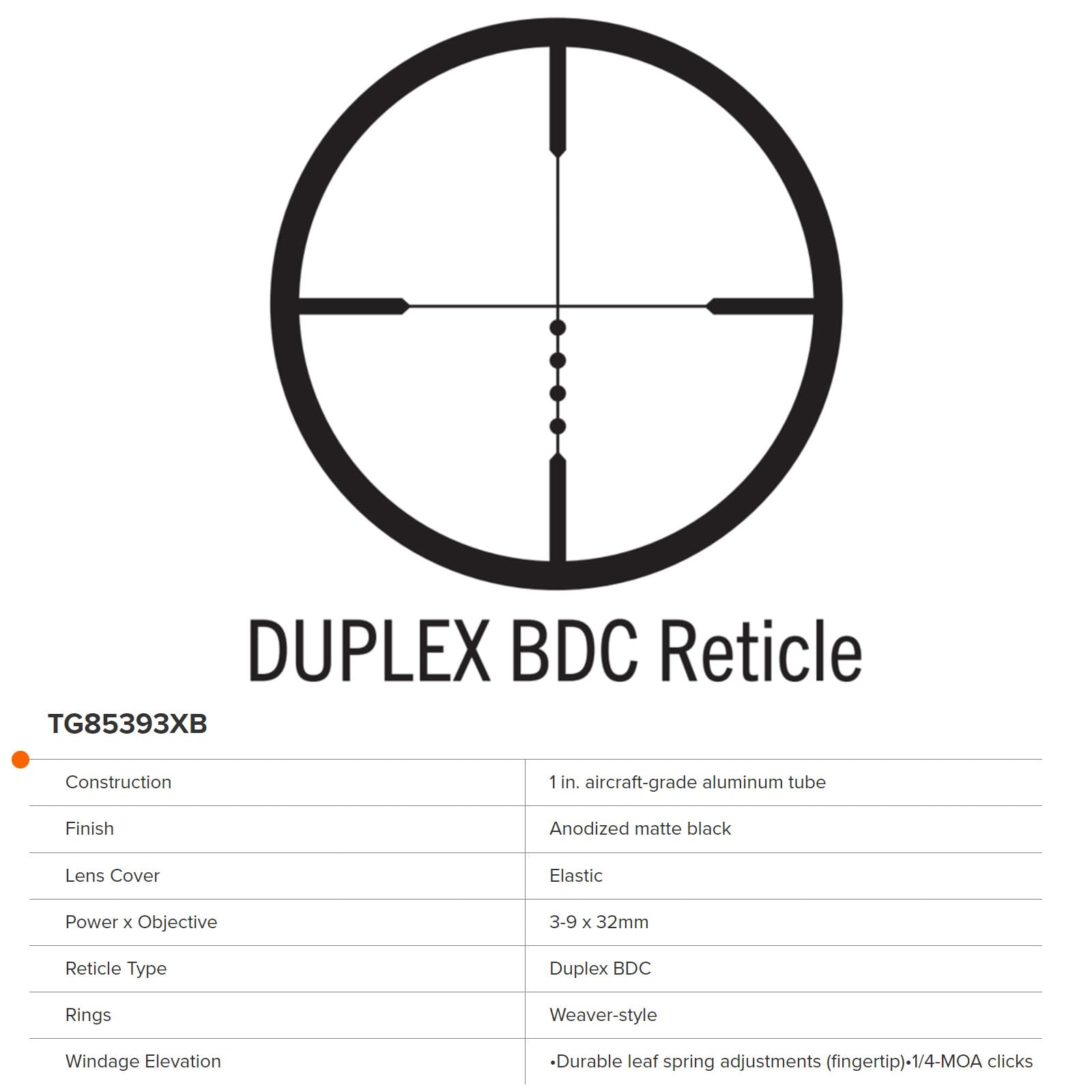 BUCKLINE TRUGLO Tactical Hunting Shooting Durable Waterproof Fogproof 1" Aluminum Tube Riflescope with Weaver-Style Mount Rings & Elastic Lens Covers Included, 3-9 x 32mm, BDC Dot Reticle