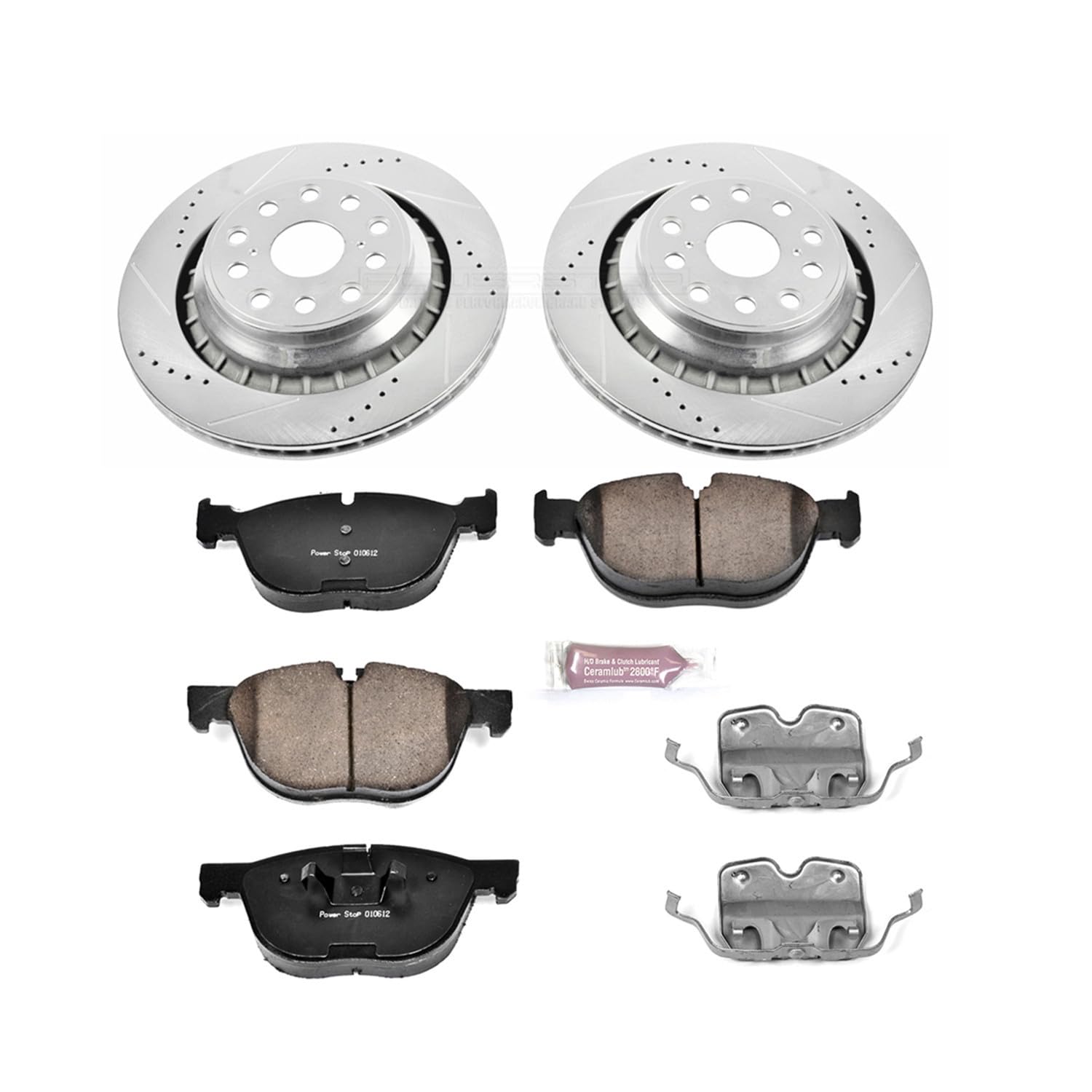 Power Stop K4692 Z23 Carbon Fiber Brake Pads Front with Drilled & Slotted Brake Rotors Kit and 1 Front Sensor Wire For BMW X5 2007-2010, BMW X6 2008-2010 [Model Specific]