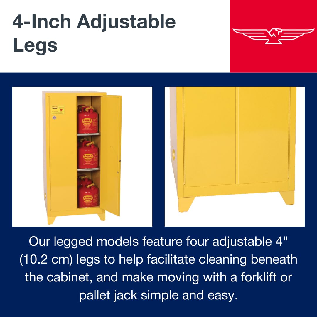 16 Gallon Eagle American Made F﻿lammable Liquid Storage Cabinet with Legs, Manual-Close Fireproof Cabinet for Schools, Garages, Manufacturing Facilities, 23" x 18" x 48", 1906XLEGS