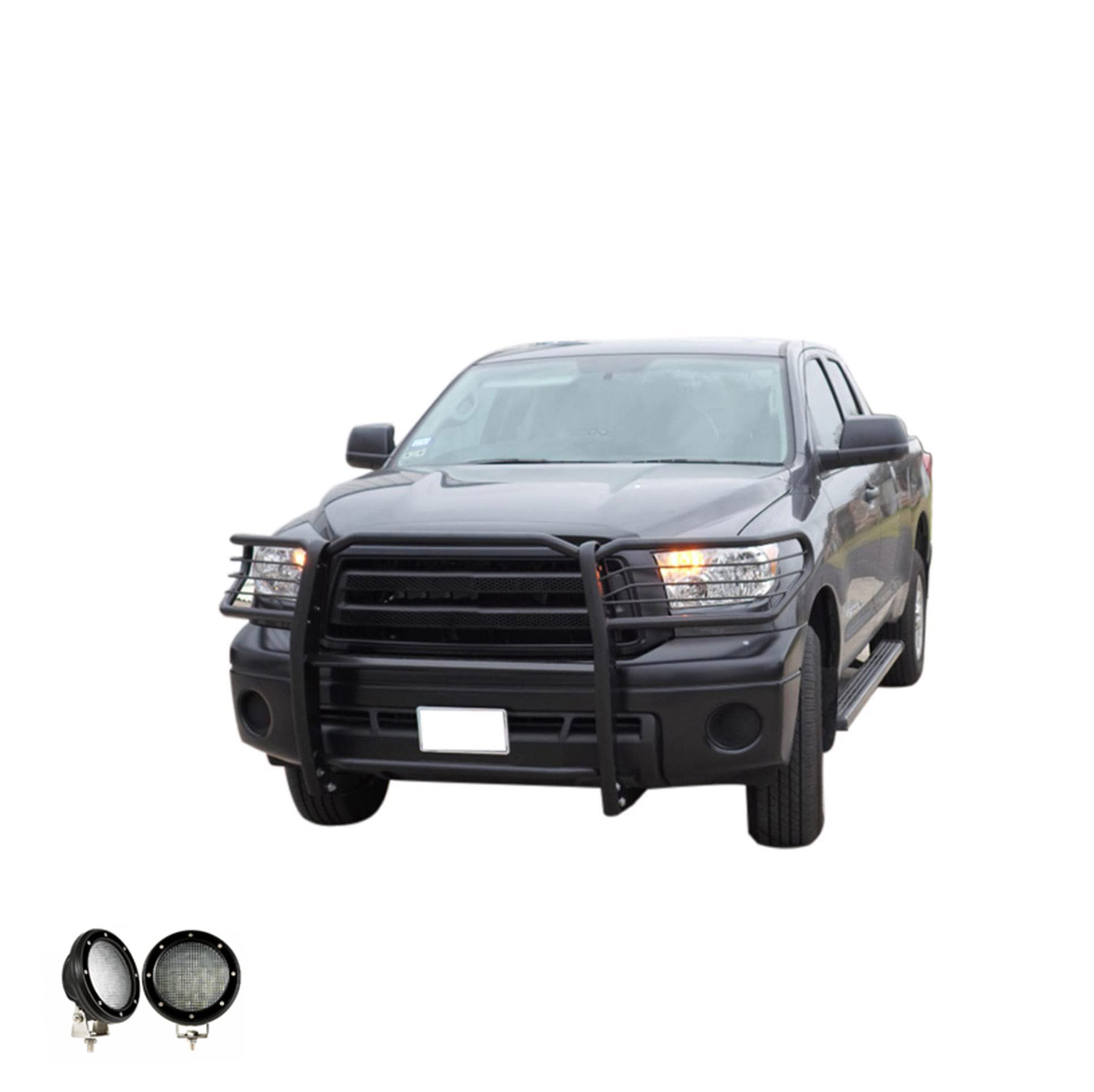 Bumper Guard Black Horse Grille Brush Modular Black Come with Pair of 5.3" Dia.LED Lights with Black Trim Rings Compatible with 2004-2006 Toyota Tundra-17TS27MA-PLFB