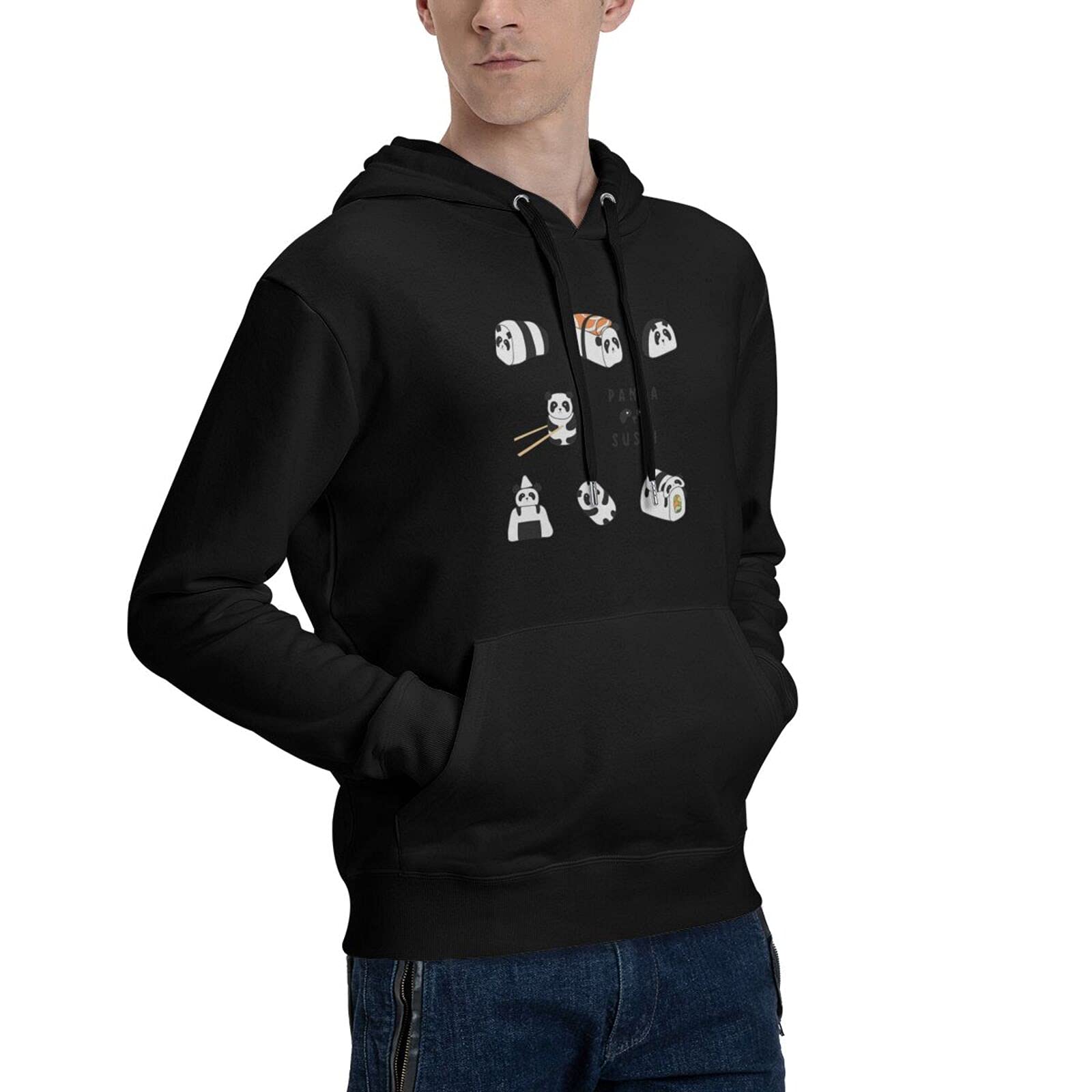 Sushi Panda Banzie Personalized 3D Printing Cartoon Hoodie Fleece Round Tie Pocket Pullover Sweater Fall Winter Pullover Thickening, Black, Small