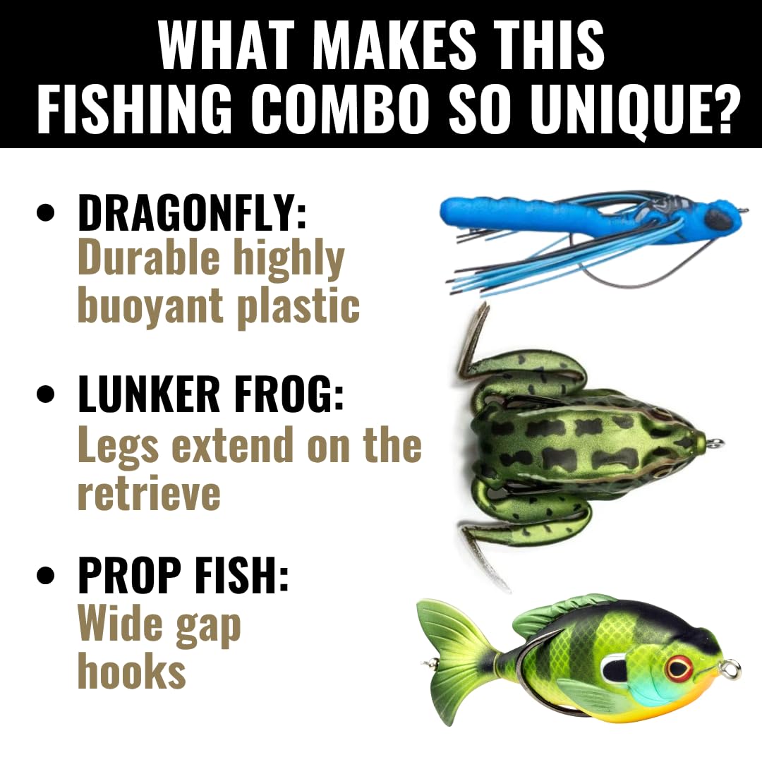 Lunkerhunt TOPCOM01 Combo Topwater – Assortment | Dragonfly, Lunker Frog, & Prop Fish | Durable Fishing Lures