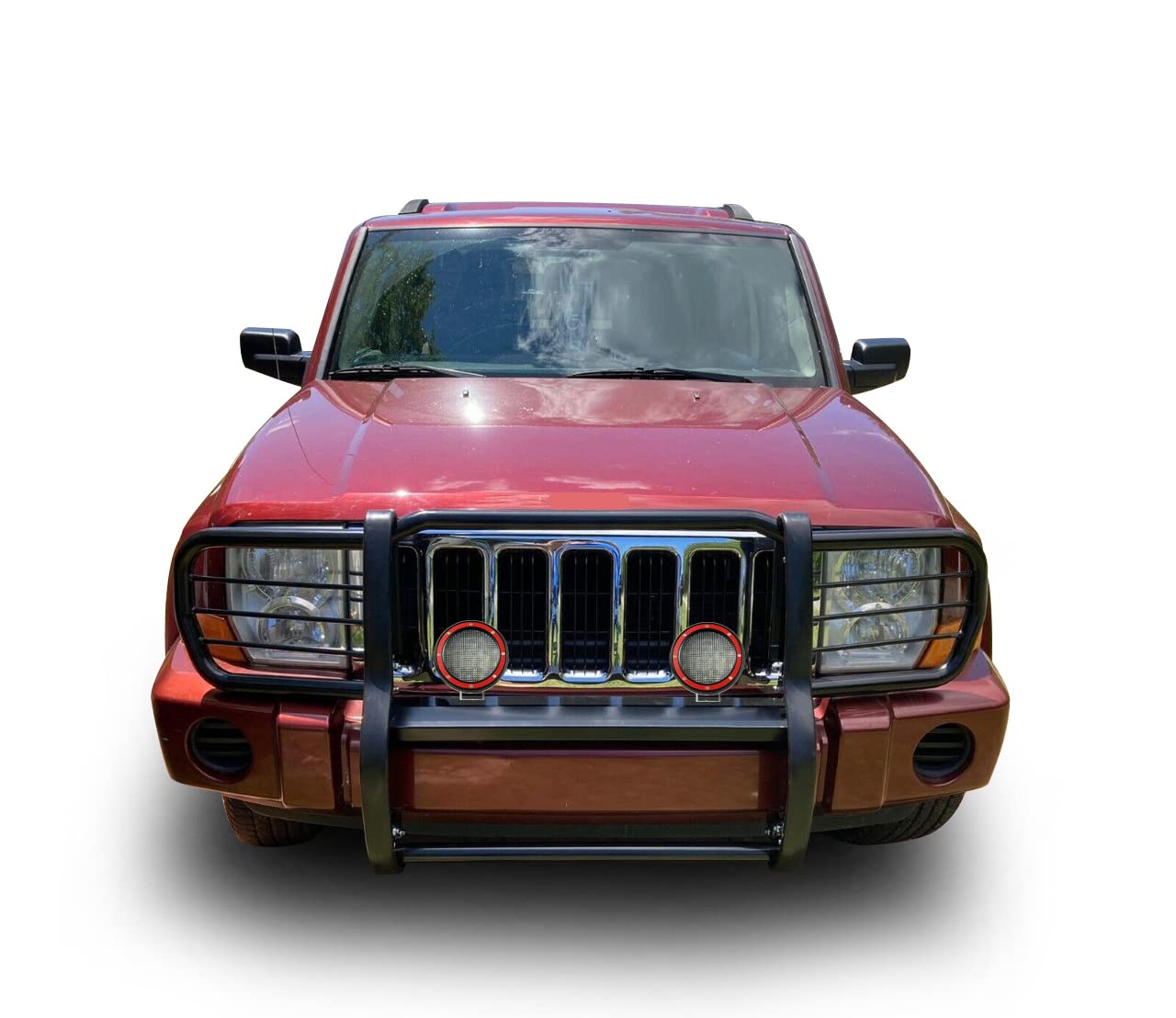 Bumper Guard Modular Black Black Horse Grille Brush Come with Pair of 5.3" Dia.LED Lights with Red Trim Rings Compatible with 2006-2010 Jeep Commander-17A081000MA-PLFR