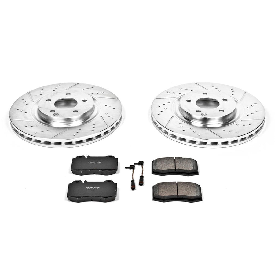 Power Stop K2950 Front Brake Pads Z23 Carbon Fiber with Drilled & Slotted Brake Rotors Kit and 1 Front Sensor Wire For Mercedes-Benz C, Mercedes-Benz C320, Mercedes-Benz SLK350 [Model Specific]
