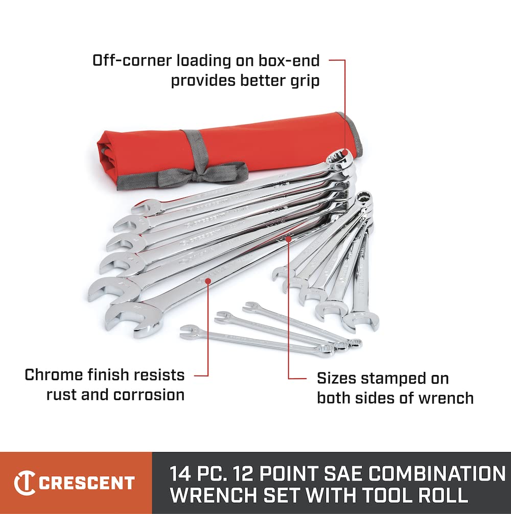 Crescent 12 Point 14 Piece SAE Combination Wrench Set with Tool Roll - CCWS4