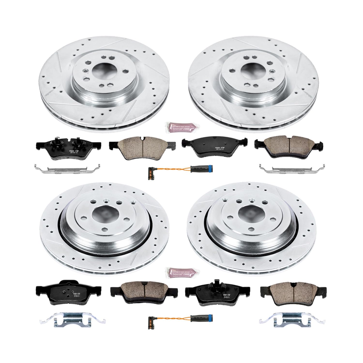 Power Stop K6707 Z23 Carbon Fiber Brake Pads Front and Rear with Drilled & Slotted Brake Rotors Kit and 1 Front & 1 Rear Sensor Wires For GL320 GL350 GL450 GL550 ML550 R320 R350 R500 [Model Specific]