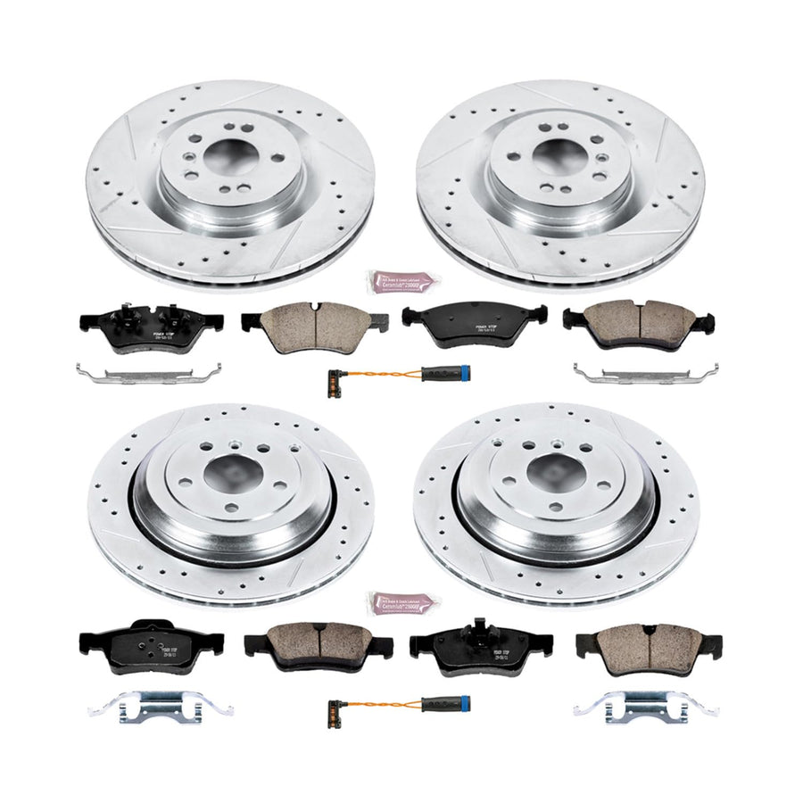 Power Stop K6707 Z23 Carbon Fiber Brake Pads Front and Rear with Drilled & Slotted Brake Rotors Kit and 1 Front & 1 Rear Sensor Wires For GL320 GL350 GL450 GL550 ML550 R320 R350 R500 [Model Specific]