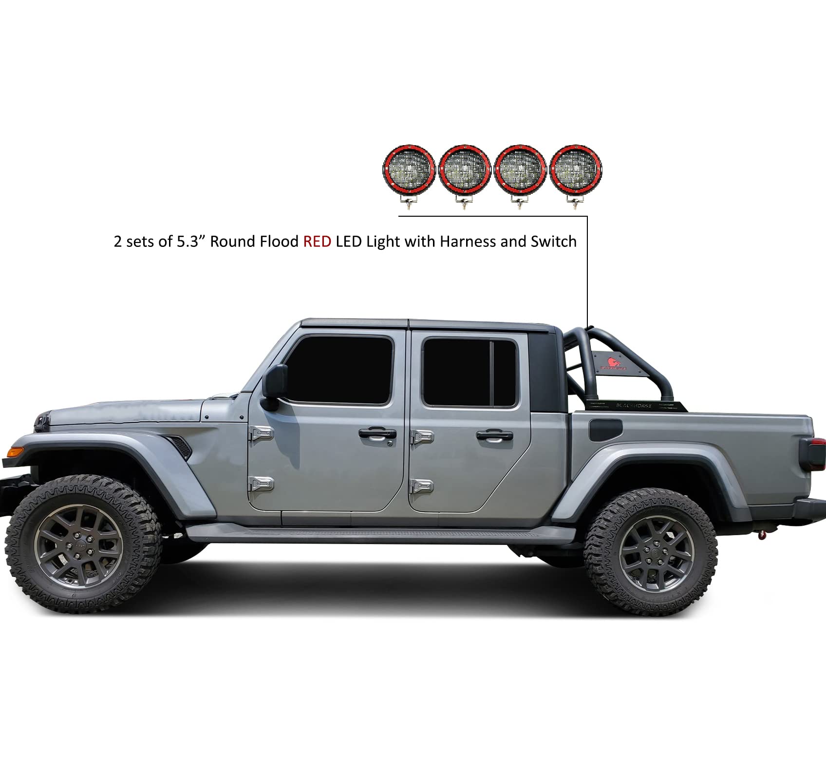 Classic Black Horse Roll Bar Incl. Set of 5.3" Dia.led Lights w/Red Trim Rings Compatible with 2020-2024 Jeep Gladiator-RB09BK-PLFR
