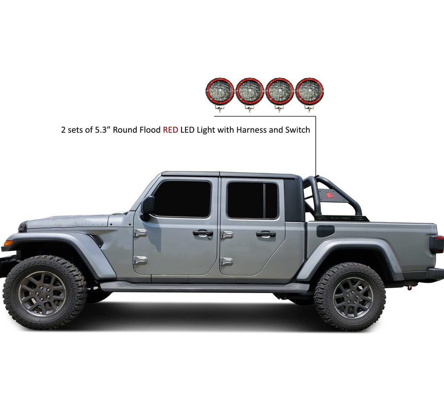 Classic Black Horse Roll Bar Incl. Set of 5.3" Dia.led Lights w/Red Trim Rings Compatible with 2020-2024 Jeep Gladiator-RB09BK-PLFR