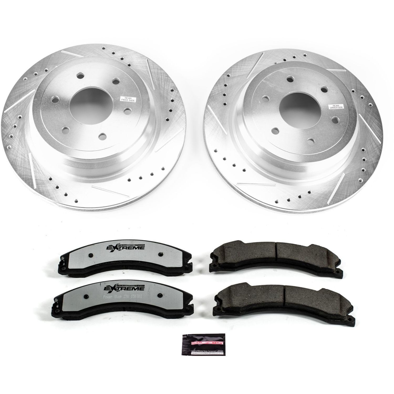 Rear Brake Kit Power Stop For 2016 2017 2018 2019 2020 2021 2022 2023 2024 Nissan TITAN XD - Truck & Tow Carbon Fiber Ceramic Brake Pads & Drilled and Slotted Rotors Replacement, K7877-36