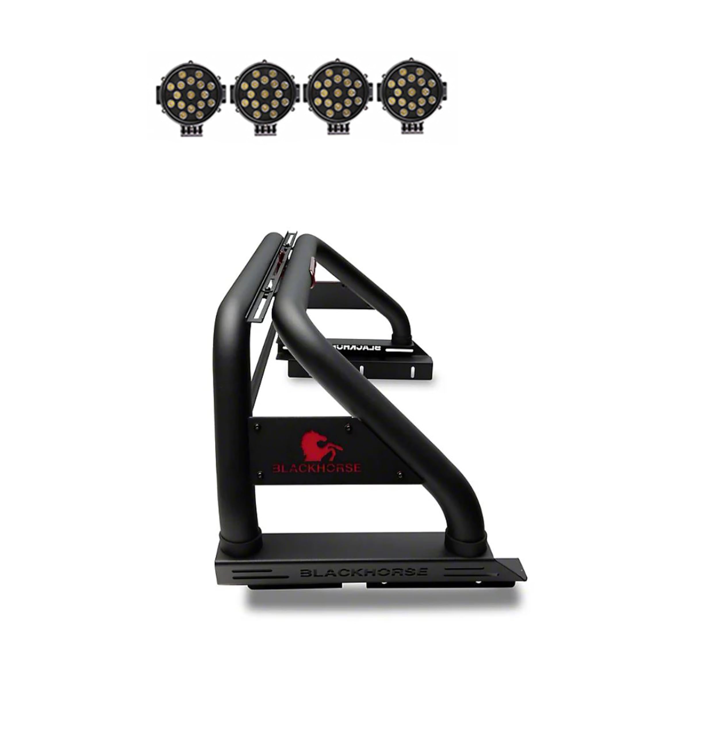 Classic Black Horse Roll Bar incl. Pair of 7.0" Dia. LED Lights w/Black Trim Rings Compatible with 2005-2024 Toyota Tacoma-RB006BK-PLB