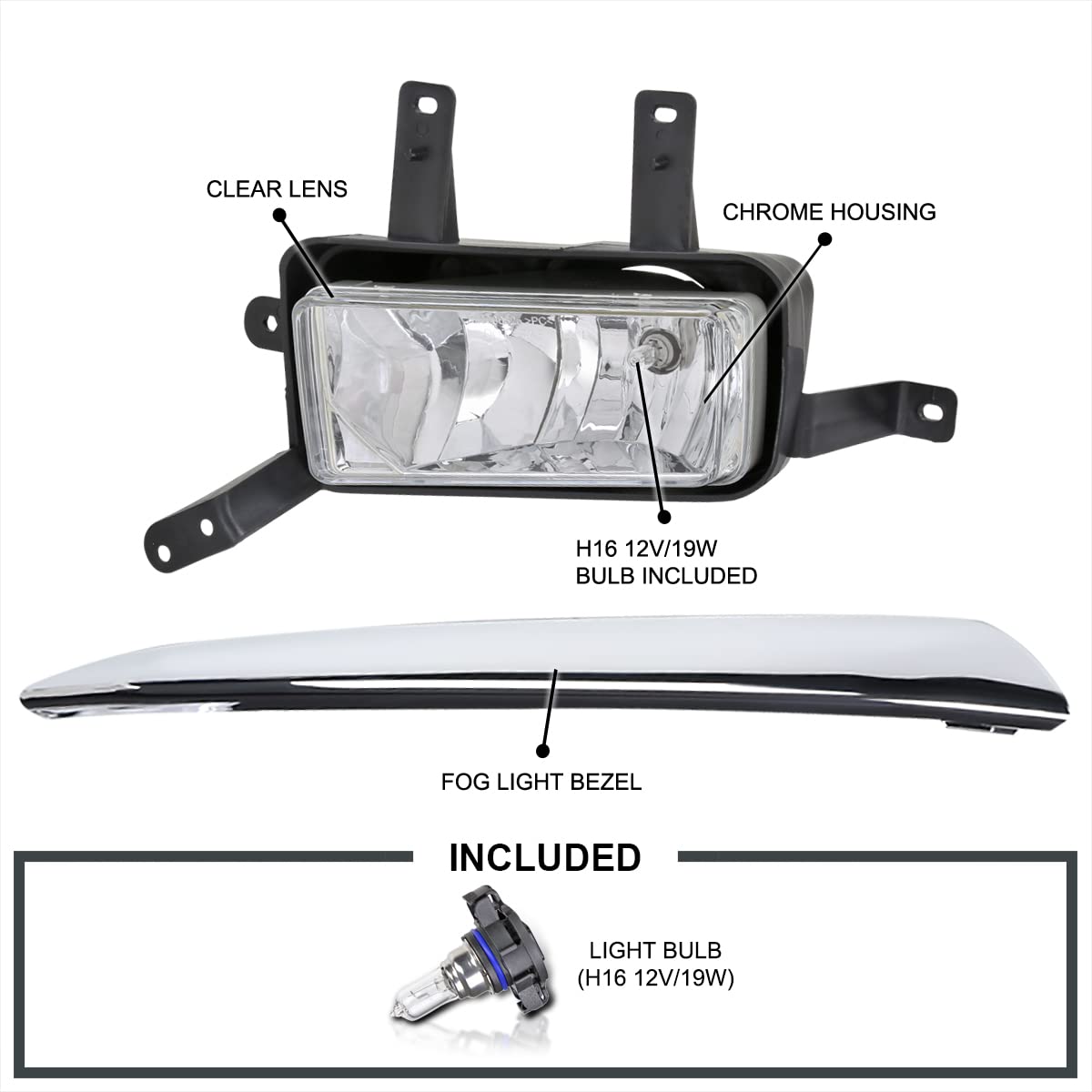 Clear SPEC-D TUNING Bumper Driving Fog Lights + Bulbs + Switch w/Chrome Trim Compatible with 2015-2020 Chevy Tahoe, L+R Pair Assembly