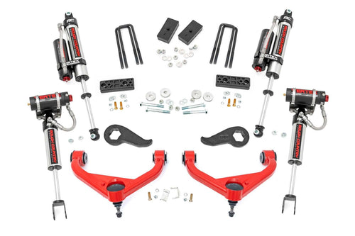3" Suspension Lift Kit Rough Country for Chevy Silverado & GMC Sierra 1500 (2020-2026 w/No Rear Factory Overload Springs) - Vertex Reservoir Shocks, Red Control Arms