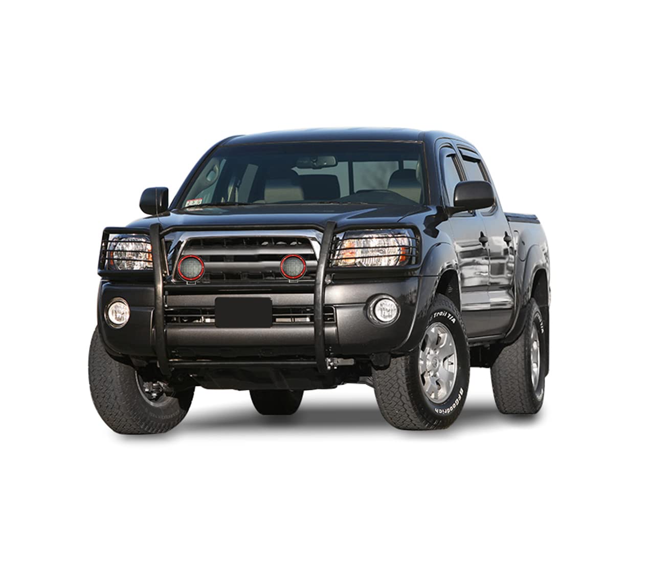 Bumper Guard Black Horse Grille Brush Modular Black Come with Pair of 5.3" Dia.LED Lights with Red Trim Rings Compatible with 2005-2015 Toyota Tacoma-17A096400MA-PLFR