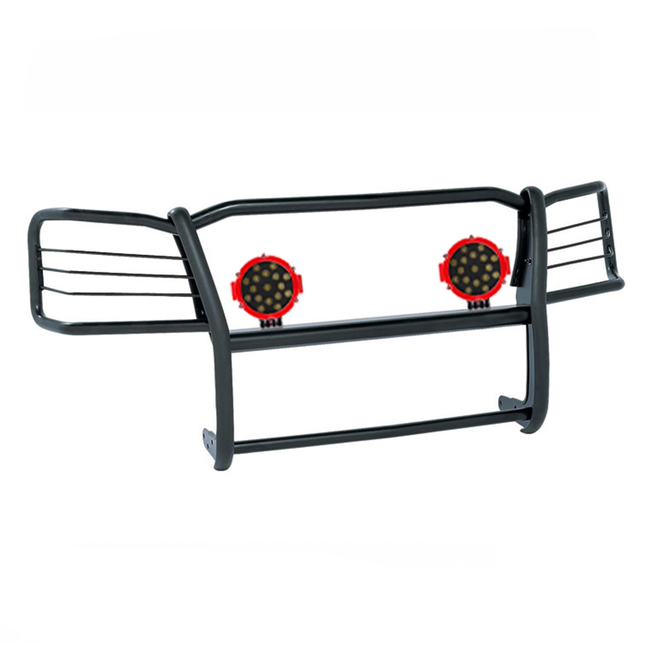 Grille Brush Black Horse Bumper Guard Modular Black Come with Pair of 7.0" Dia.LED Lights with Red Trim Rings Compatible with 2015-2024 Chevrolet Express Passenger-17GV02MA-PLR