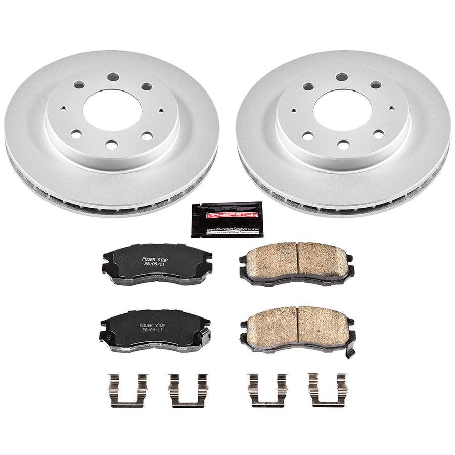 Power Stop Coated Brake Rotor & CRK1090 Ceramic Brake Pads- front For Eagle Summit 1993-1995 [Model Specific]