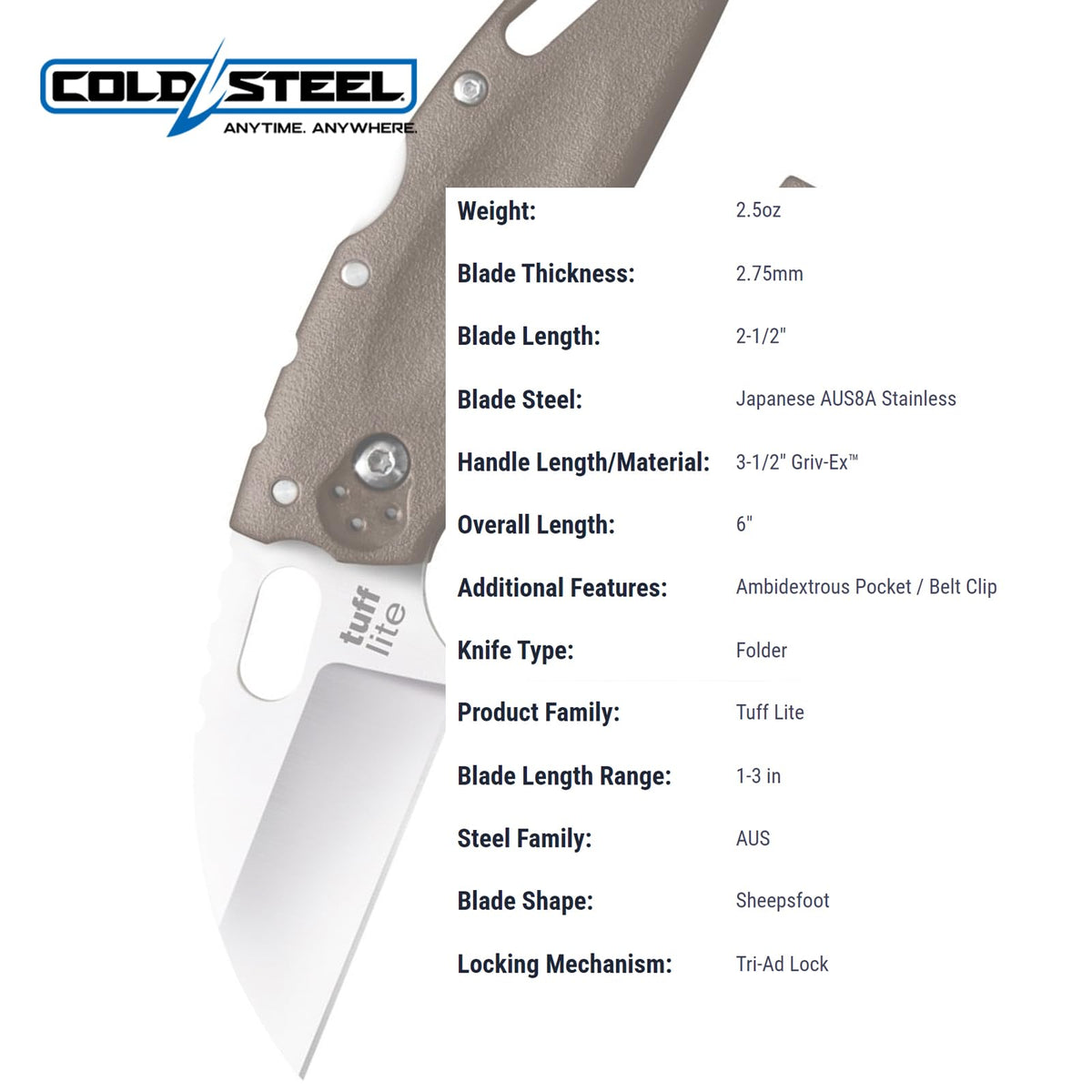 Tuff Lite Cold Steel 2.5" AUS8A Sheepsfoot Razor-Sharp Plain Blade 3.5" Griv-Ex FDE Handle Pocket Folding Knife, Boxed