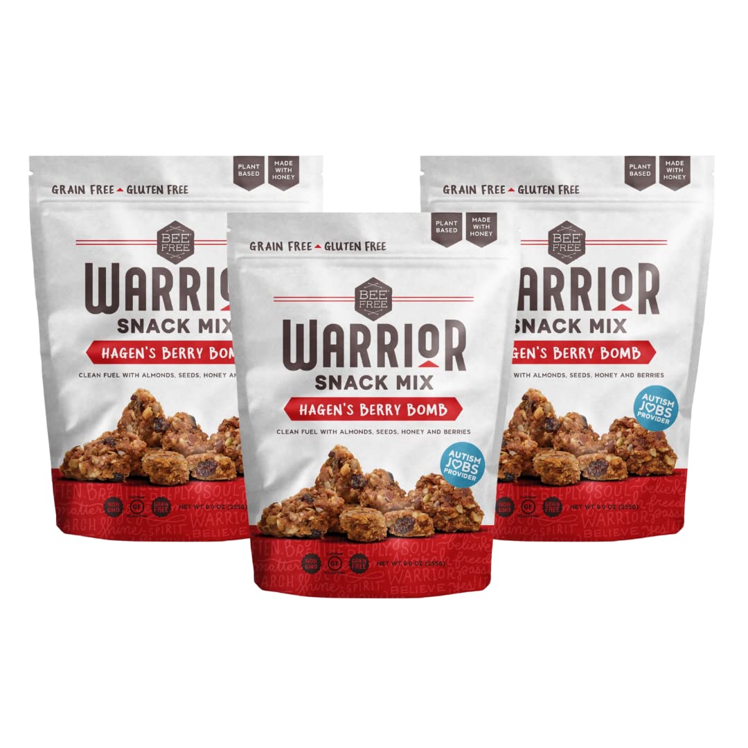 BeeFree Warrior Mix Gluten Free Granola - Chunky Granola Bites | Low Carb, Paleo, Grain Free, Preservative Free, Oat Free | Low Calorie Snacks | Hagen’s Berry Bomb, 9 Ounce Bags, 3 Pack