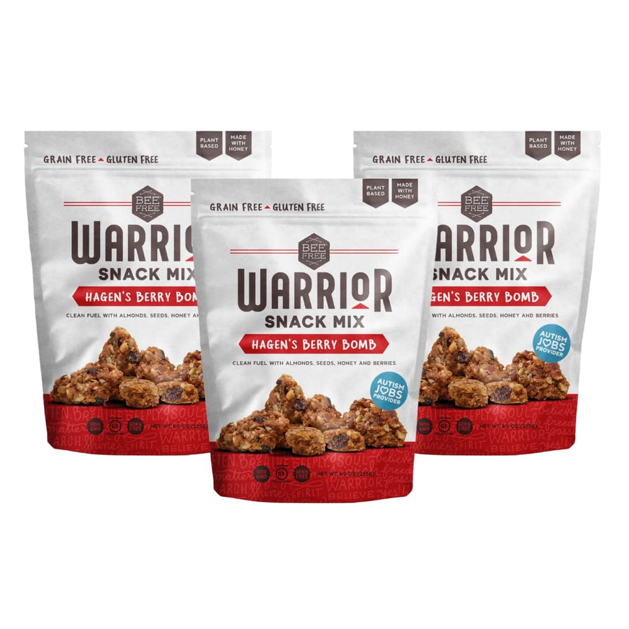 BeeFree Warrior Mix Gluten Free Granola - Chunky Granola Bites | Low Carb, Paleo, Grain Free, Preservative Free, Oat Free | Low Calorie Snacks | Hagen’s Berry Bomb, 9 Ounce Bags, 3 Pack