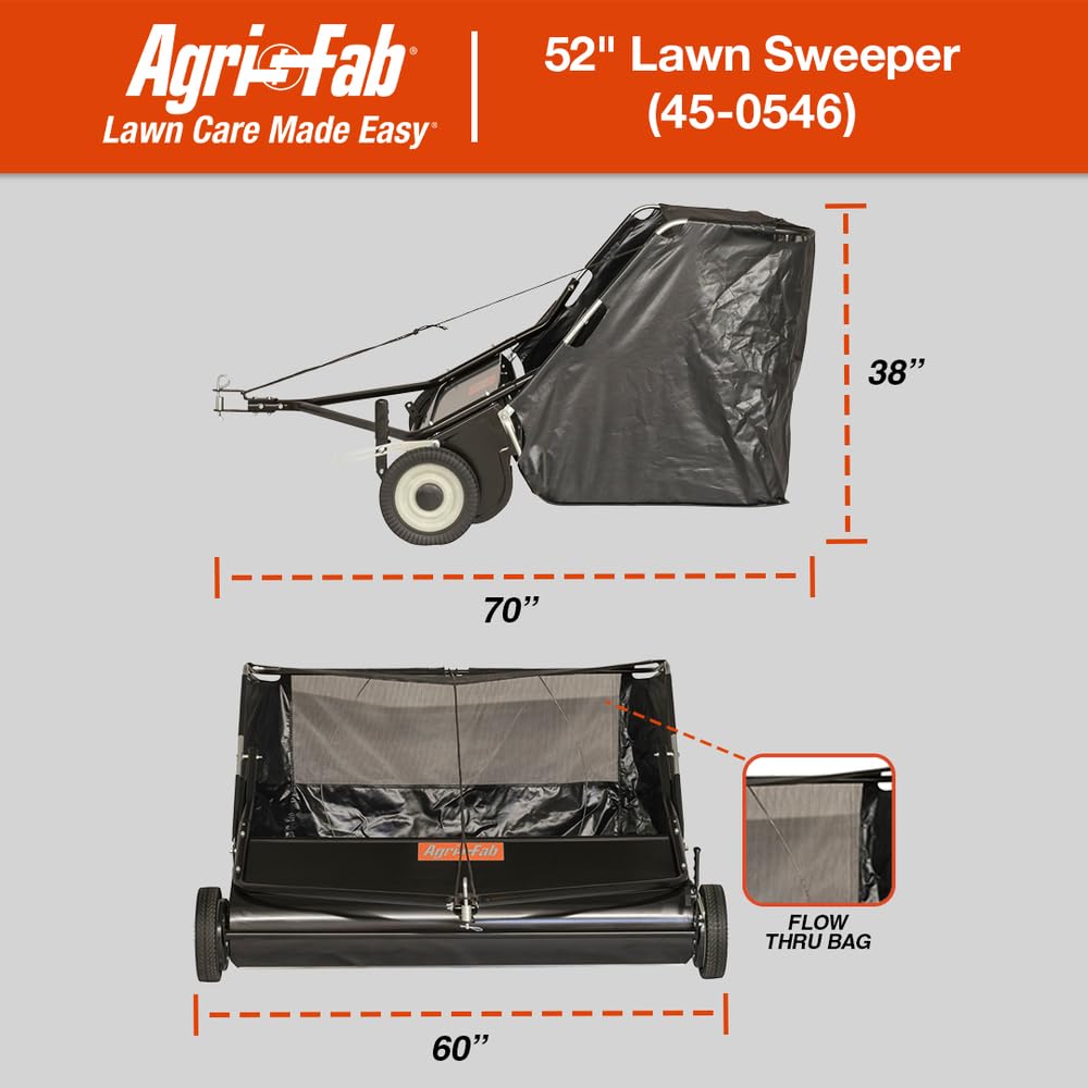 52" Agri-Fab Tow-Behind Lawn Sweeper, 26 cu. ft Hopper Bag Capacity; Leaf & Grass Catcher, with Adjustable Brush Height and Dump From Seat Handle